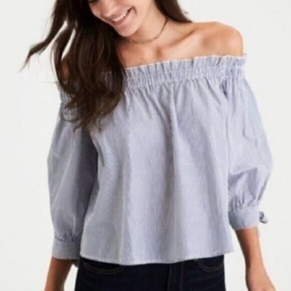 AMERICAN EAGLE Off Shoulder Smocked Blouse Pin Striped Top Sz M - Picture 1 of 14